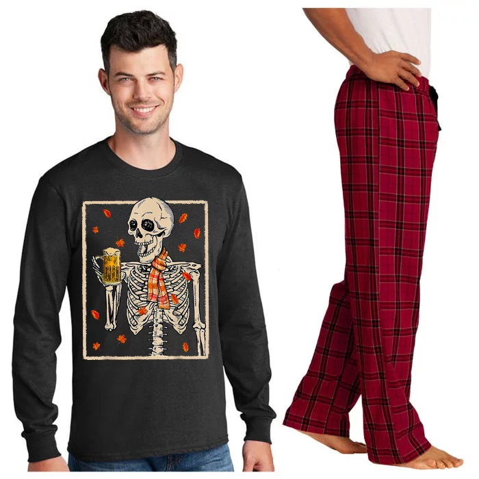 Skeleton Drinking Beer Retro Halloween Costume Beer Drink Long Sleeve Pajama Set