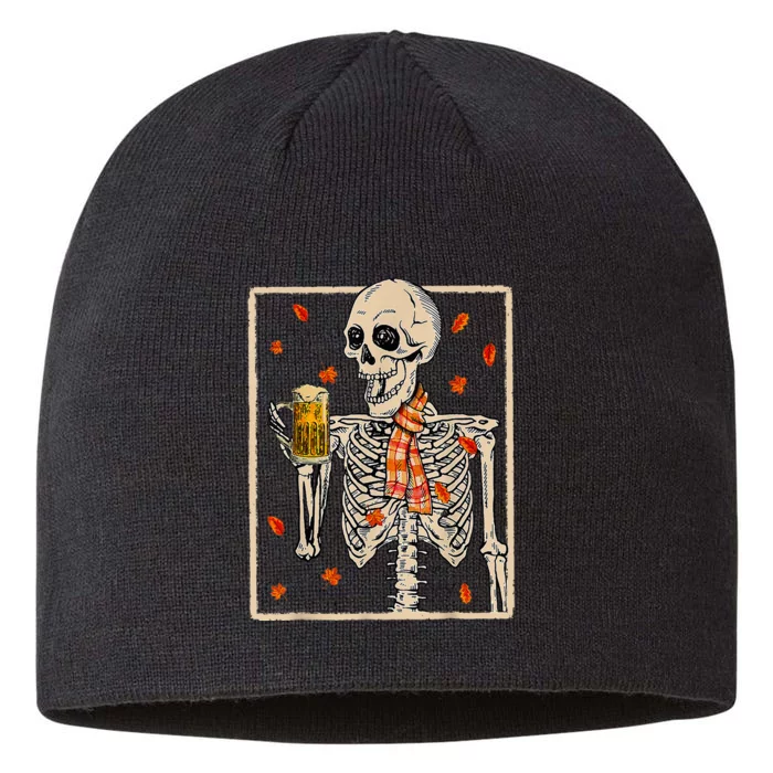 Skeleton Drinking Beer Retro Halloween Costume Beer Drink 8 1/2in Sustainable Knit Beanie