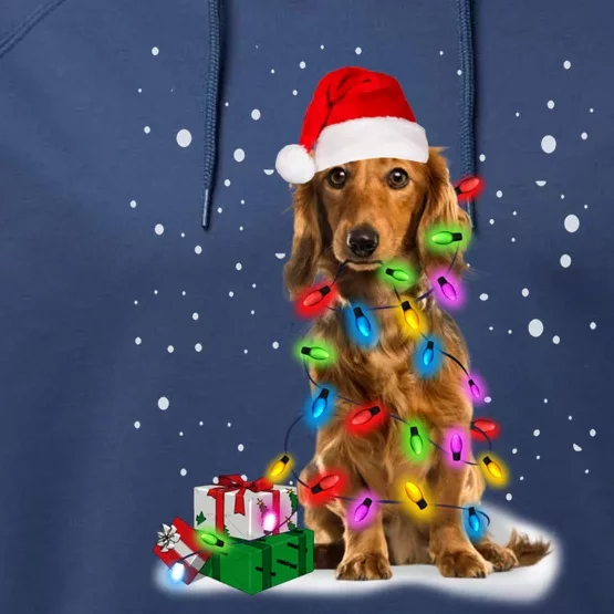 Santa Dachshund Christmas Tree Light Long Hair Dachshund Funny Gift Performance Fleece Hoodie