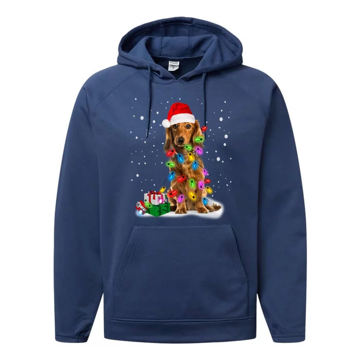 Santa Dachshund Christmas Tree Light Long Hair Dachshund Funny Gift Performance Fleece Hoodie