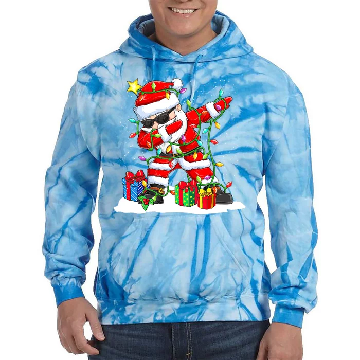 Santa Dabbing Christmas Tree Light Xmas Claus Tie Dye Hoodie