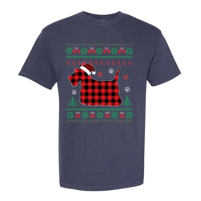 Scottie Dog Christmas Pajama Red Plaid Scottish Ugly Sweater Garment-Dyed Heavyweight T-Shirt