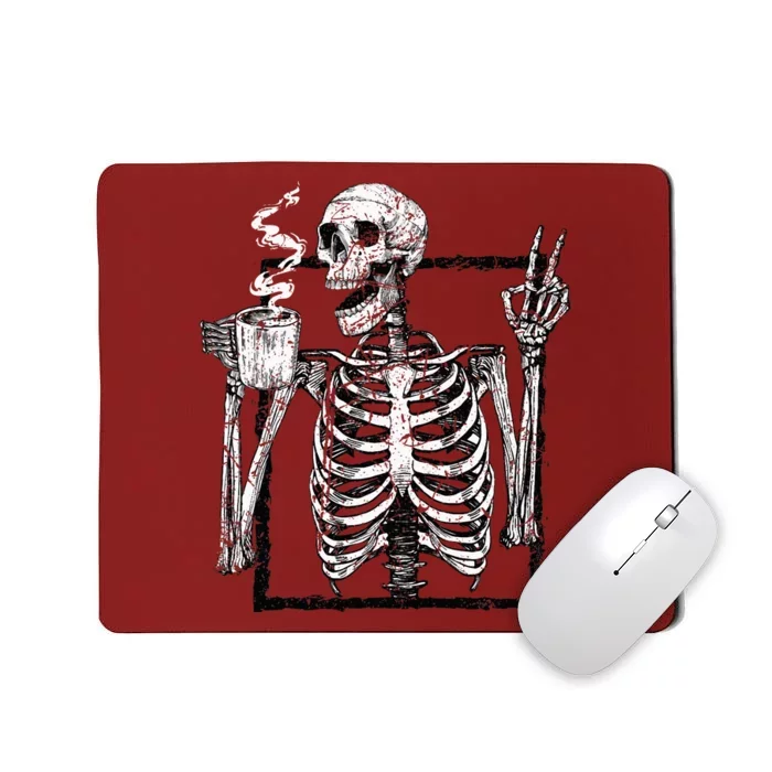 Skeleton Drinking Coffee Gothic Peace Sign Halloween Grunge Mousepad