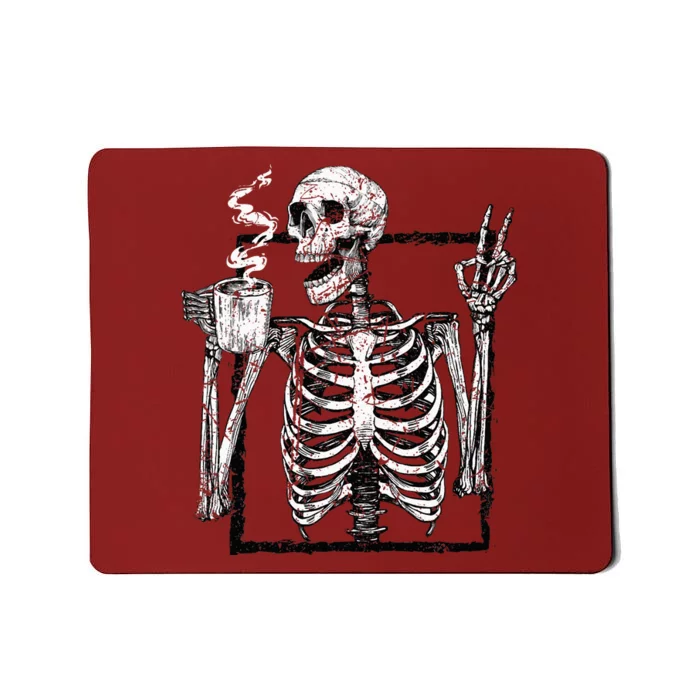 Skeleton Drinking Coffee Gothic Peace Sign Halloween Grunge Mousepad