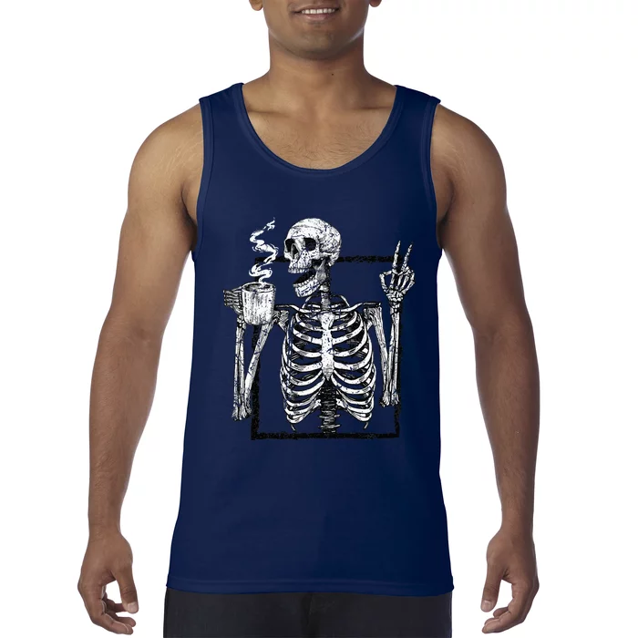 Skeleton Drinking Coffee Gothic Peace Sign Halloween Grunge Tank Top