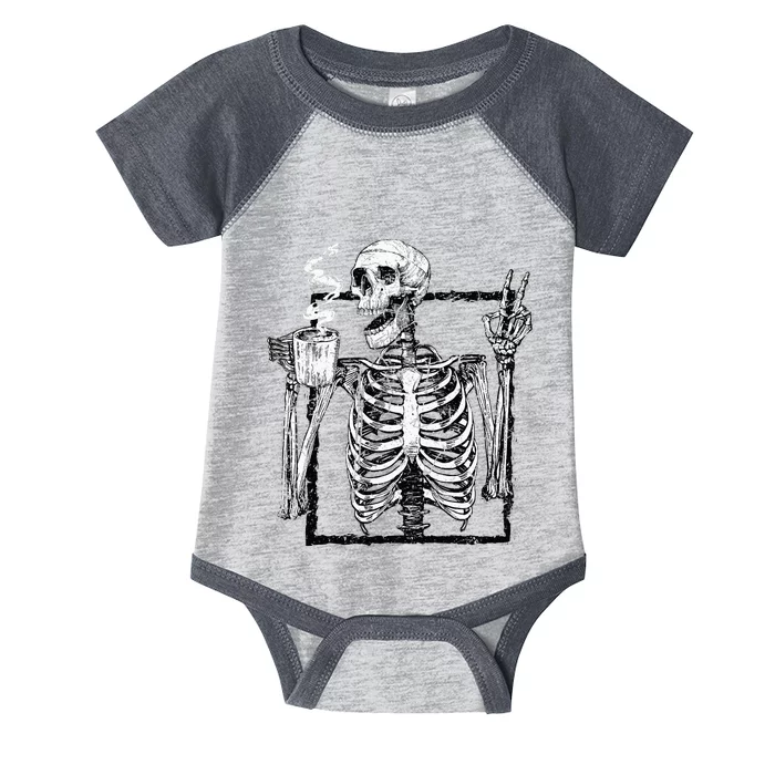 Skeleton Drinking Coffee Gothic Peace Sign Halloween Grunge Infant Baby Jersey Bodysuit