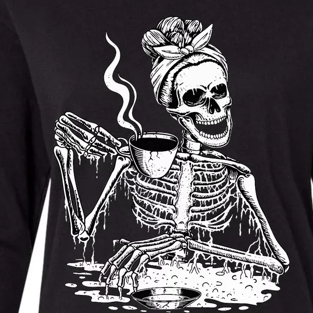 Skeleton Drinking Coffee Lazy & Easy Women Halloween Costume Womens Cotton Relaxed Long Sleeve T-Shirt