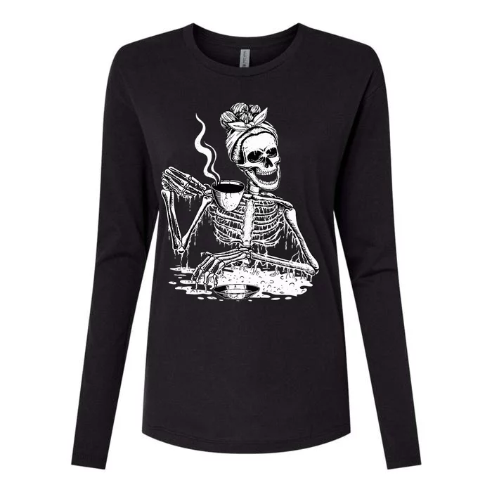 Skeleton Drinking Coffee Lazy & Easy Women Halloween Costume Womens Cotton Relaxed Long Sleeve T-Shirt