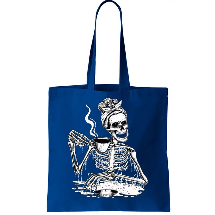 Skeleton Drinking Coffee Lazy & Easy Women Halloween Costume Tote Bag