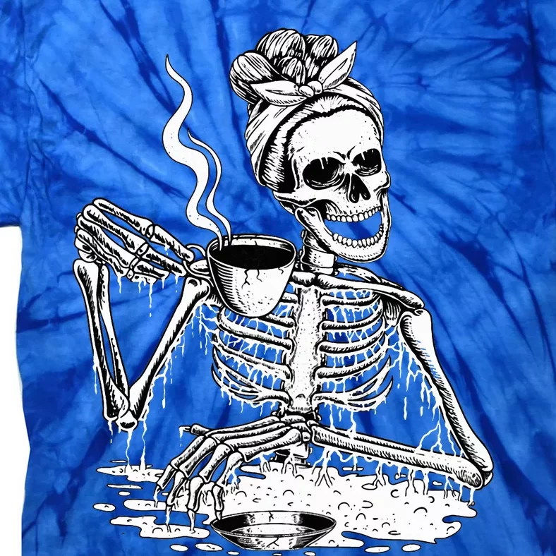 Skeleton Drinking Coffee Lazy & Easy Women Halloween Costume Tie-Dye T-Shirt