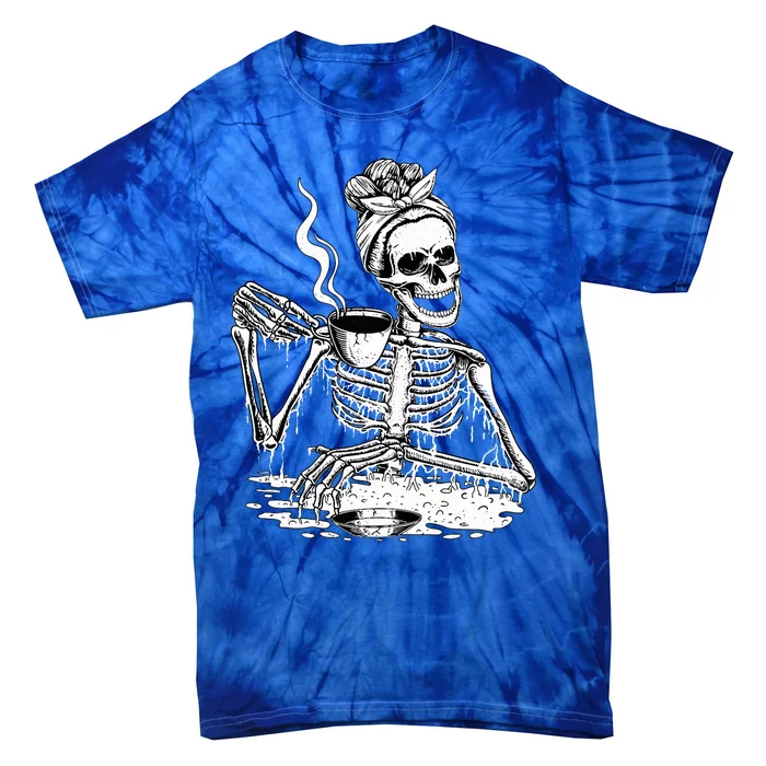 Skeleton Drinking Coffee Lazy & Easy Women Halloween Costume Tie-Dye T-Shirt