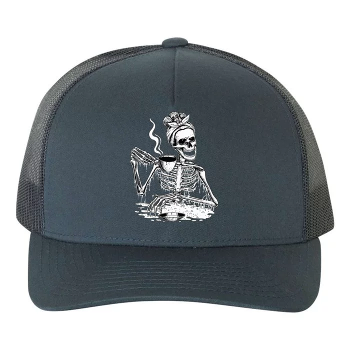 Skeleton Drinking Coffee Lazy & Easy Women Halloween Costume Yupoong Adult 5-Panel Trucker Hat