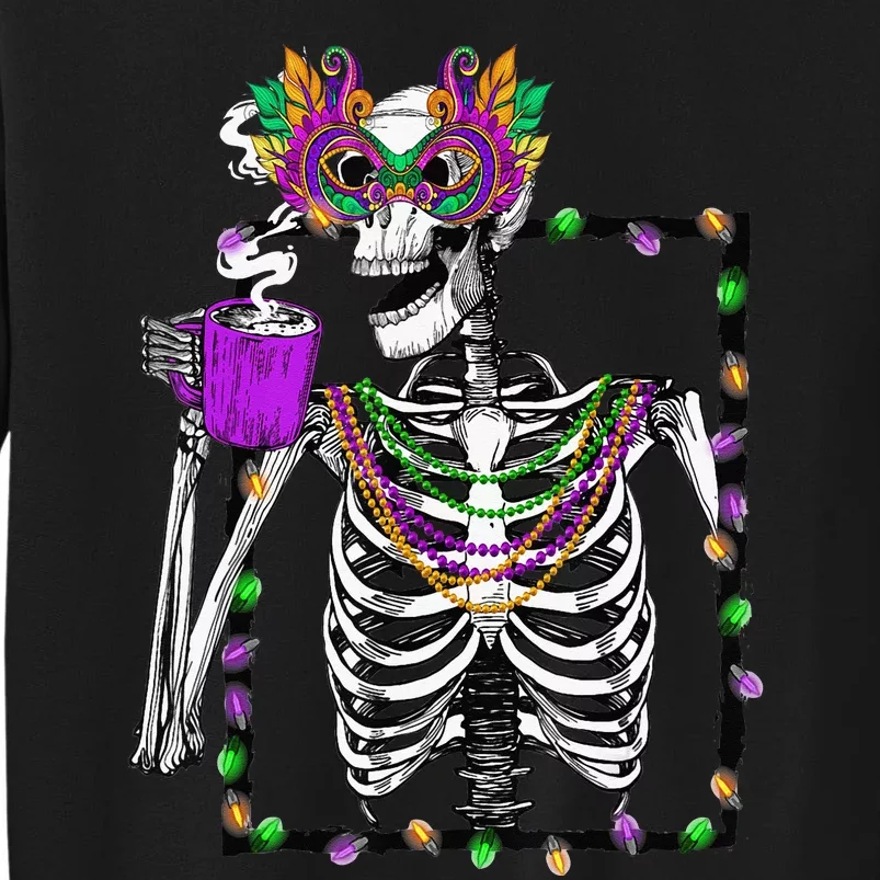 Skeleton Drinking Coffee Mask Beads Mardi Gras Tall Sweatshirt