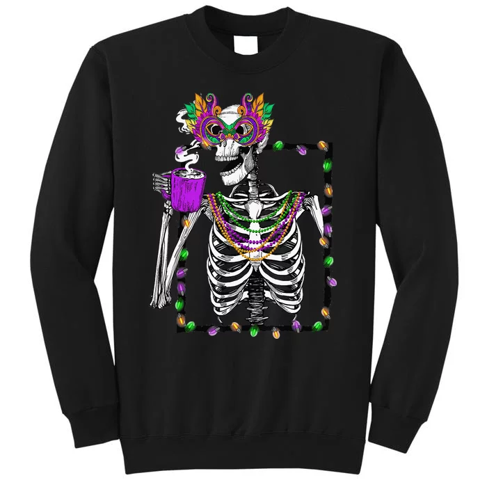 Skeleton Drinking Coffee Mask Beads Mardi Gras Tall Sweatshirt