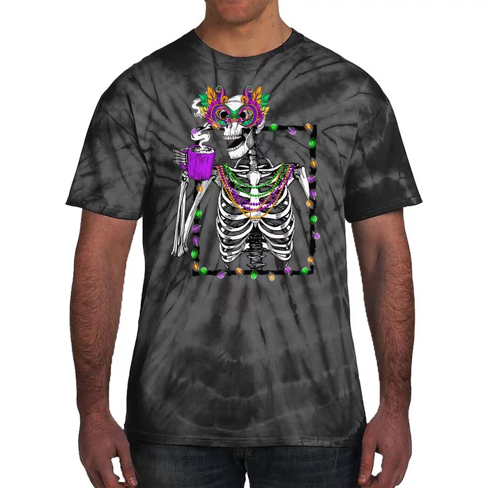 Skeleton Drinking Coffee Mask Beads Mardi Gras Tie-Dye T-Shirt