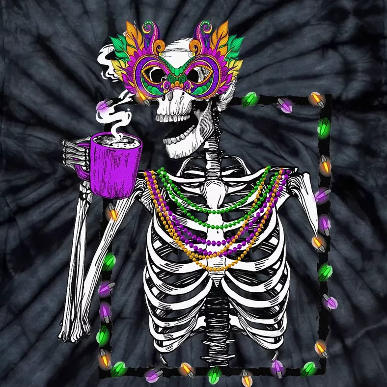 Skeleton Drinking Coffee Mask Beads Mardi Gras Tie-Dye T-Shirt