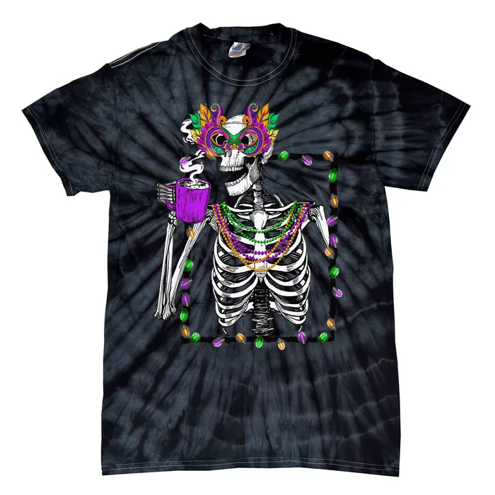 Skeleton Drinking Coffee Mask Beads Mardi Gras Tie-Dye T-Shirt