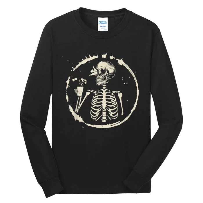 Skeleton Drinking Coffee shirt, Lazy Halloween Costume Skull Tall Long Sleeve T-Shirt