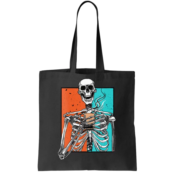 Skeleton Drinking Coffee Lover Funny Halloween Skull Tote Bag