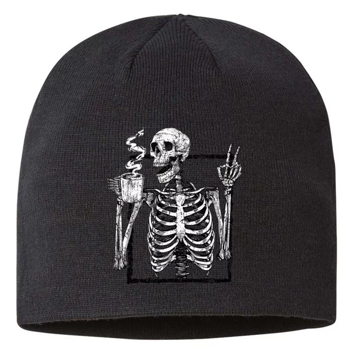 Skeleton Drinking Coffee Gothic Peace Sign Halloween Grunge 8 1/2in Sustainable Knit Beanie