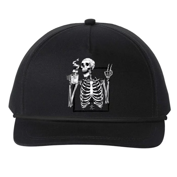 Skeleton Drinking Coffee Peace Halloween Grunge Aesthetic Snapback Five-Panel Rope Hat