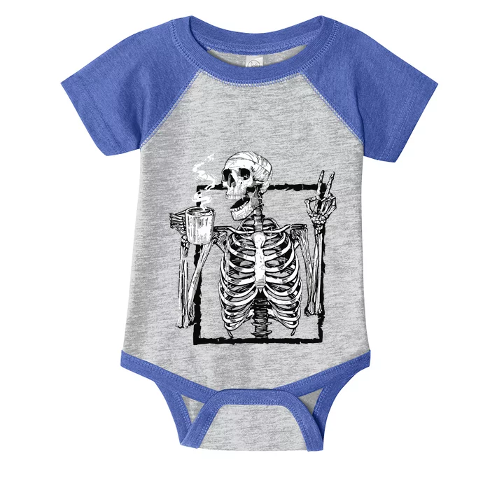 Skeleton Drinking Coffee Gothic Peace Sign Halloween Grunge Infant Baby Jersey Bodysuit