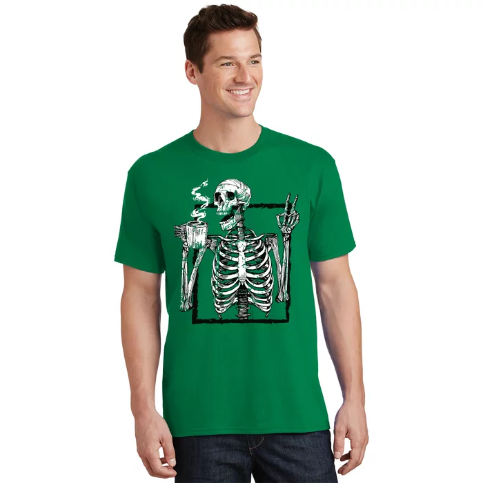 Skeleton Drinking Coffee Gothic Peace Sign Halloween Grunge T-Shirt