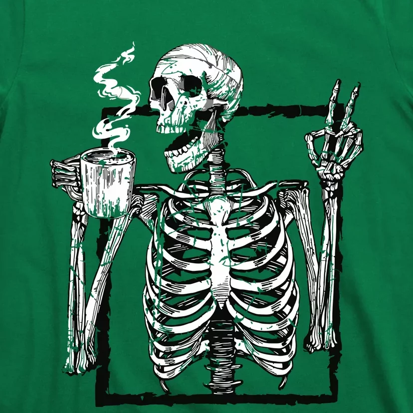 Skeleton Drinking Coffee Gothic Peace Sign Halloween Grunge T-Shirt