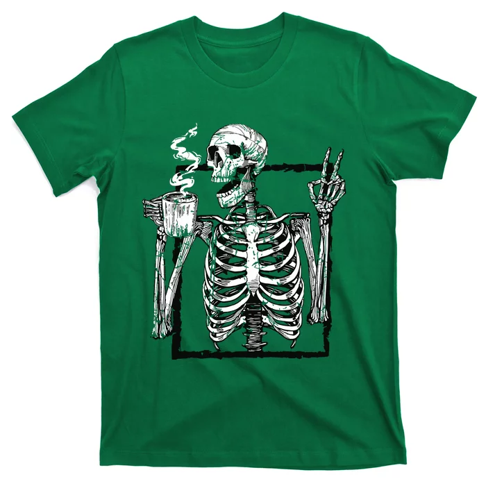 Skeleton Drinking Coffee Gothic Peace Sign Halloween Grunge T-Shirt