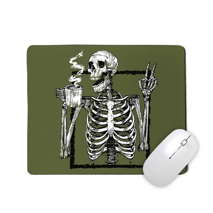 Skeleton Drinking Coffee Gothic Peace Sign Halloween Grunge Mousepad