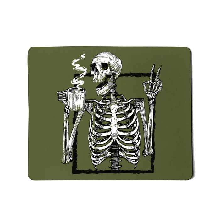 Skeleton Drinking Coffee Gothic Peace Sign Halloween Grunge Mousepad