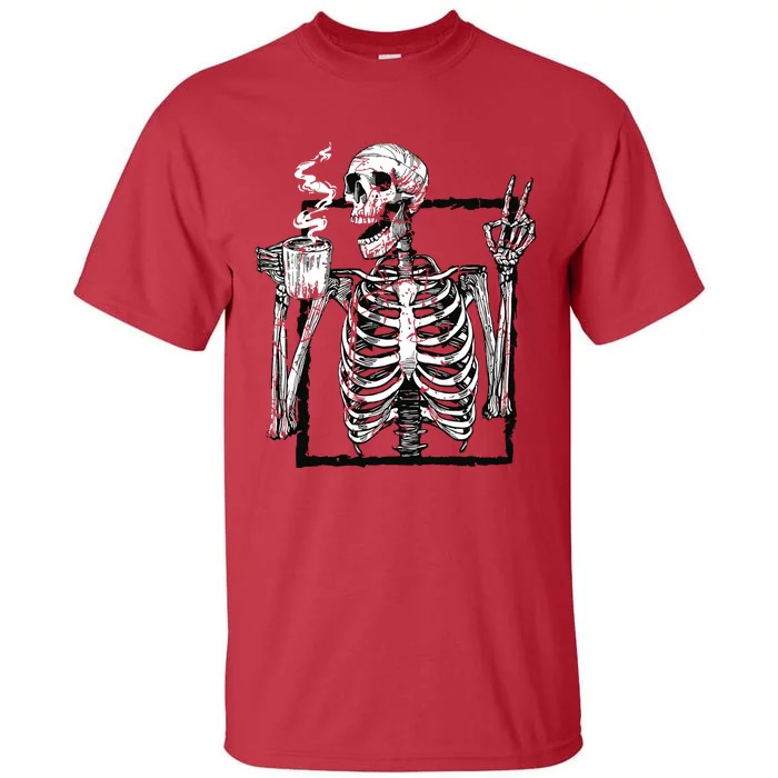 Skeleton Drinking Coffee Gothic Peace Sign Halloween Grunge Tall T-Shirt