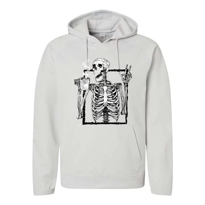 Skeleton Drinking Coffee Gothic Peace Sign Halloween Grunge Performance Fleece Hoodie