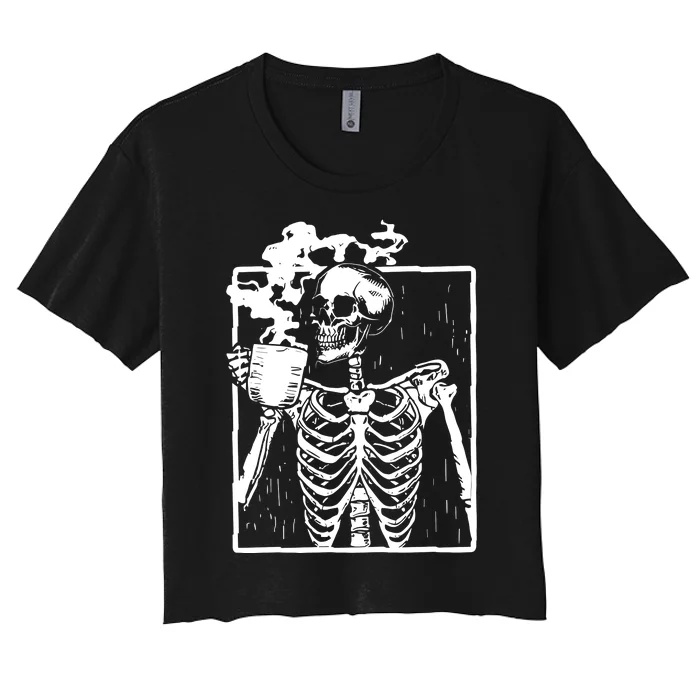 Skeleton Drinking Coffee Women's Crop Top Tee