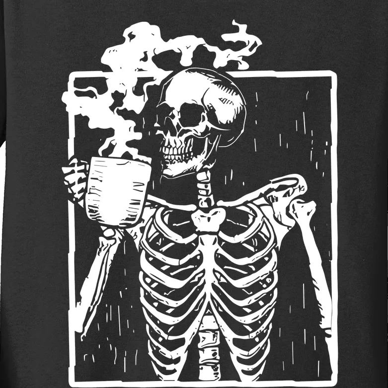 Skeleton Drinking Coffee Kids Long Sleeve Shirt