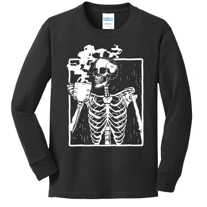 Skeleton Drinking Coffee Kids Long Sleeve Shirt