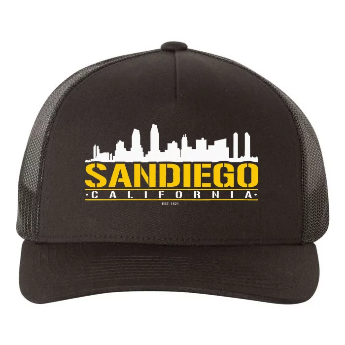 San Diego California White Brown & Gold Baseball Inspired Yupoong Adult 5-Panel Trucker Hat