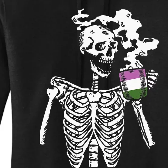 Skeleton Drinking Coffee Genderqueer Pride Skull LGBTQ Ally Women's Pullover Hoodie