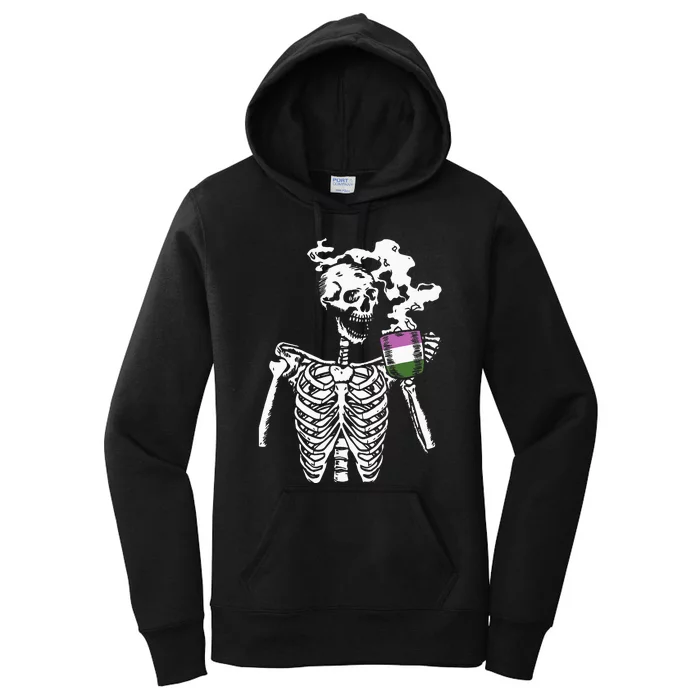 Skeleton Drinking Coffee Genderqueer Pride Skull LGBTQ Ally Women's Pullover Hoodie