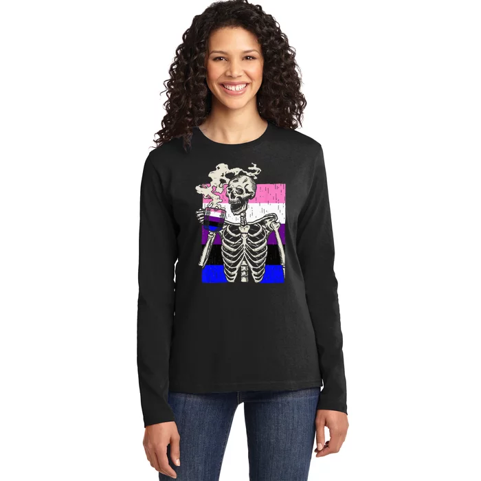 Skeleton Drinking Coffee LGBTQ Retro Genderfluid Pride Flag Ladies Long Sleeve Shirt