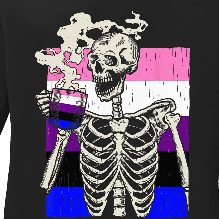 Skeleton Drinking Coffee LGBTQ Retro Genderfluid Pride Flag Ladies Long Sleeve Shirt