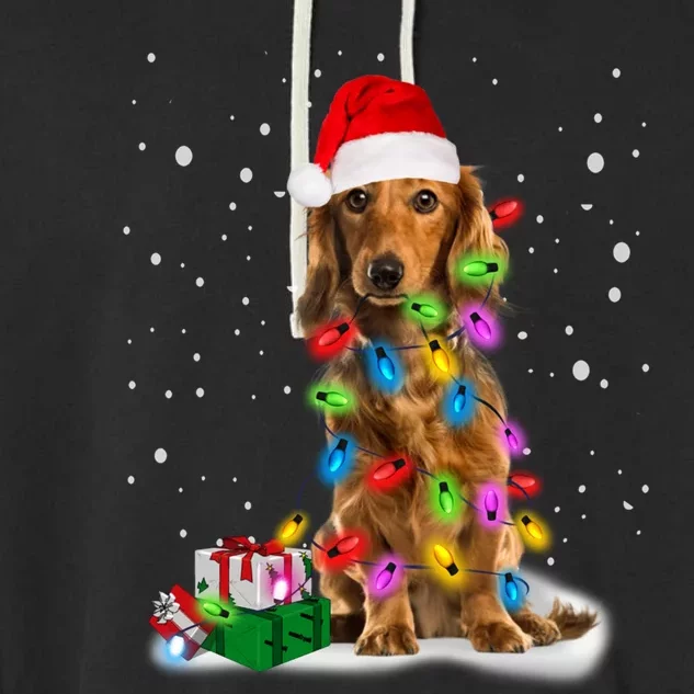 Santa Dachshund Christmas Tree Light Long Hair Dachshund Meaningful Gift Garment-Dyed Fleece Hoodie