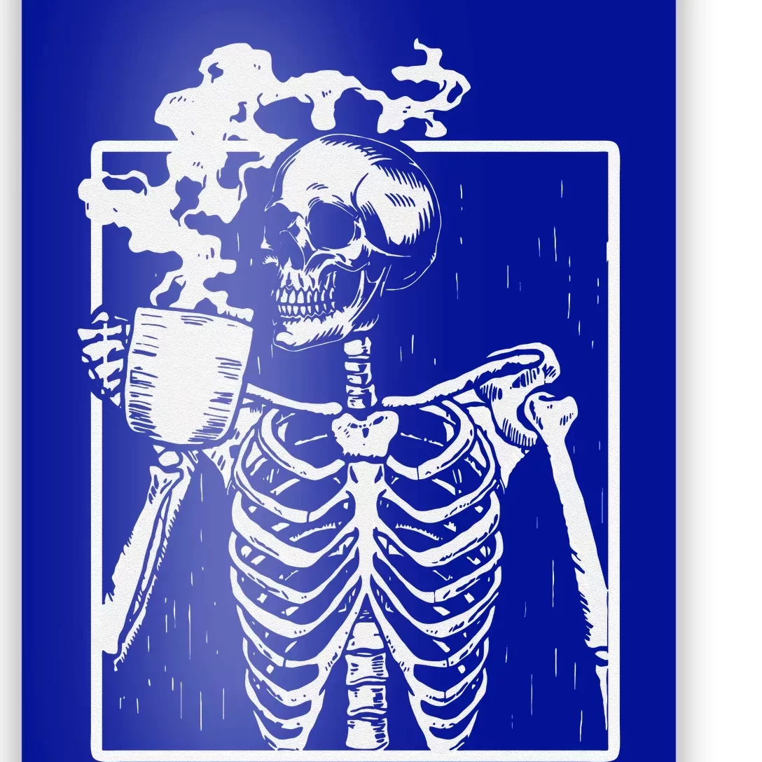 Skeleton Drinking Coffee Back Design White Poster