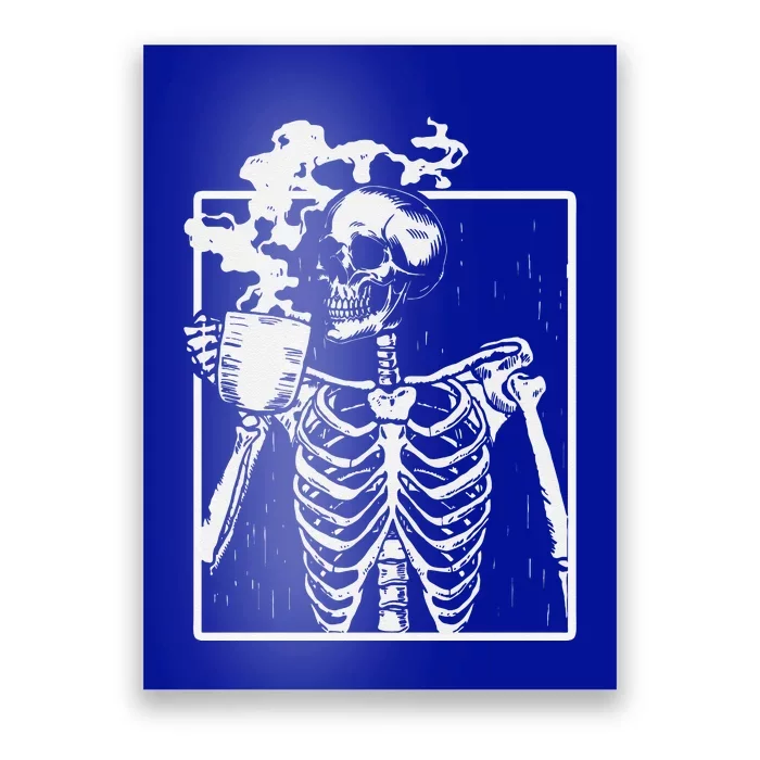 Skeleton Drinking Coffee Back Design White Poster