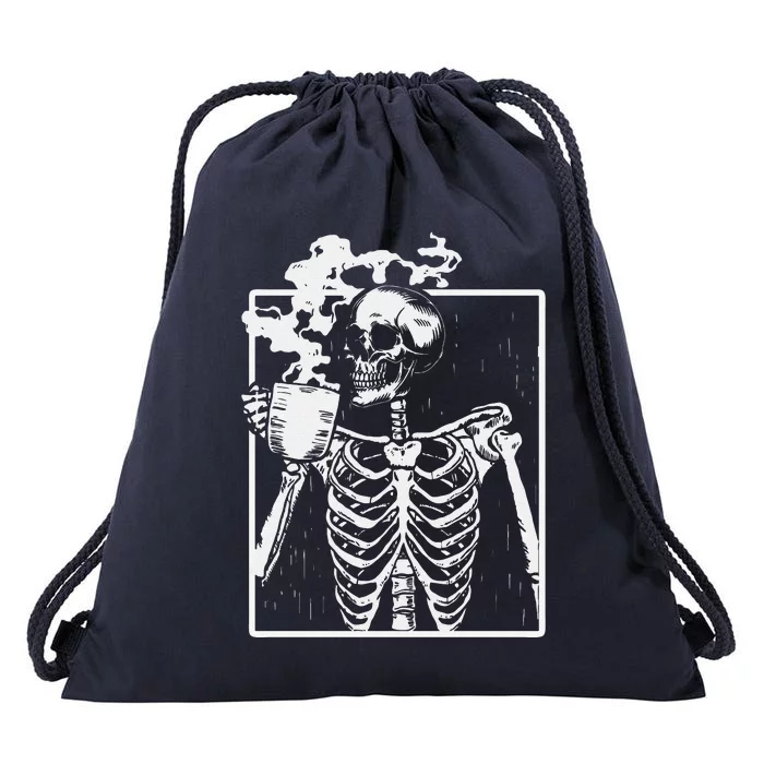 Skeleton Drinking Coffee Back Design White Drawstring Bag