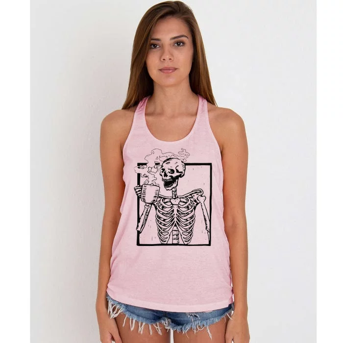 Skeleton Drinking Coffee Front Design Funny Women's Knotted Racerback Tank