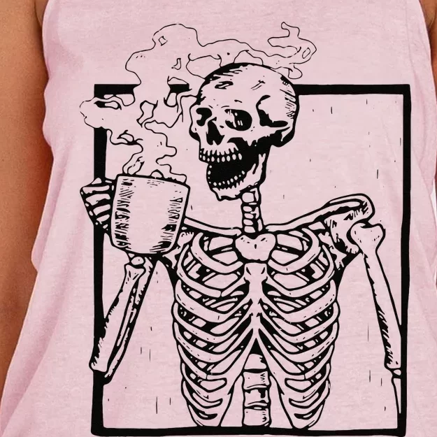 Skeleton Drinking Coffee Front Design Funny Women's Knotted Racerback Tank