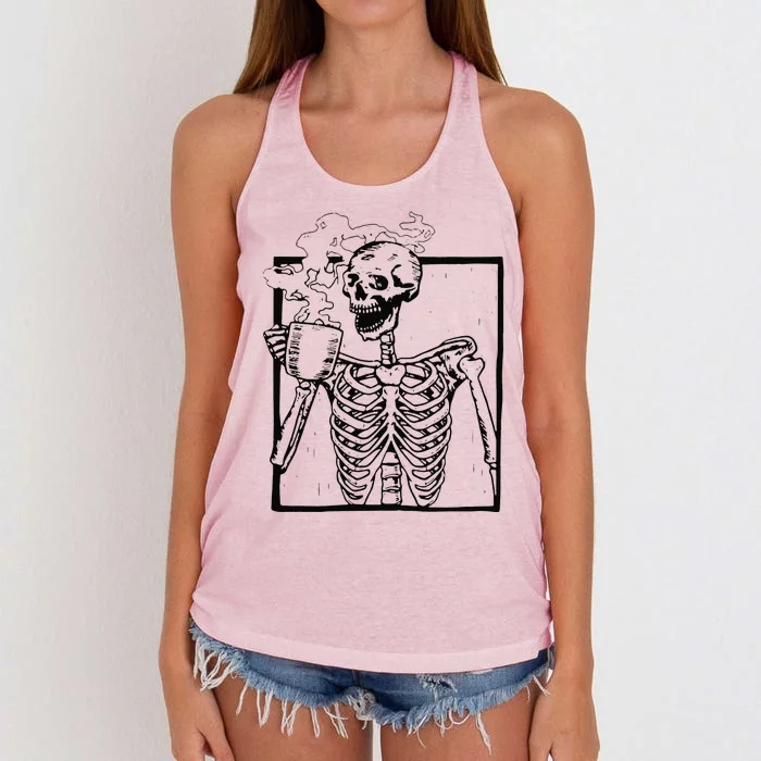 Skeleton Drinking Coffee Front Design Funny Women's Knotted Racerback Tank