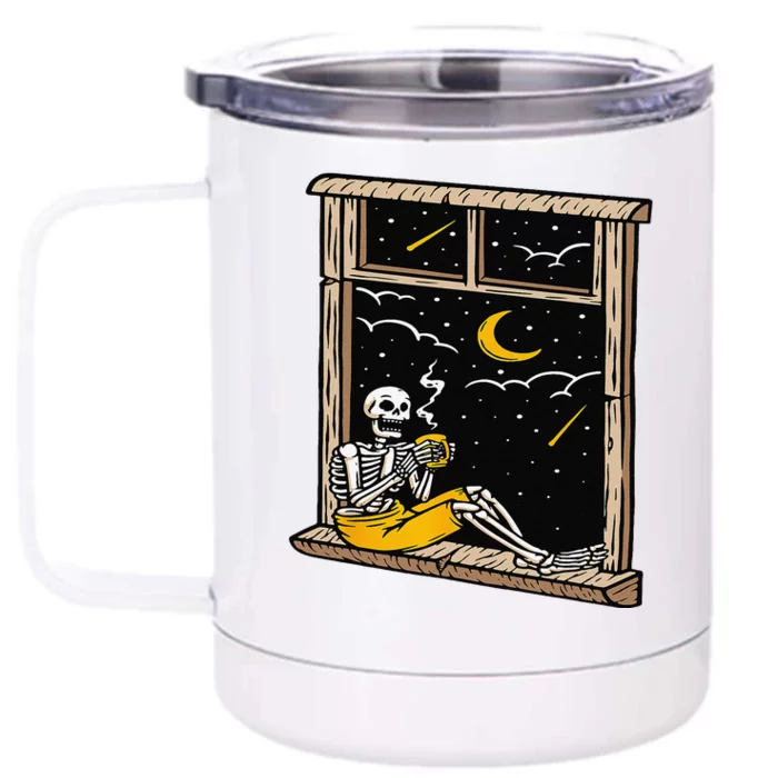 Skeleton Drinking Coffee Lover Funny Halloween Skull Themed Front & Back 12oz Stainless Steel Tumbler Cup