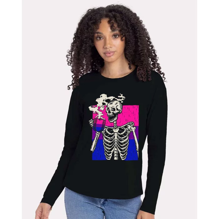 Skeleton Drinking Coffee LGBTQ Retro Bisexual Pride Flag Womens Cotton Relaxed Long Sleeve T-Shirt